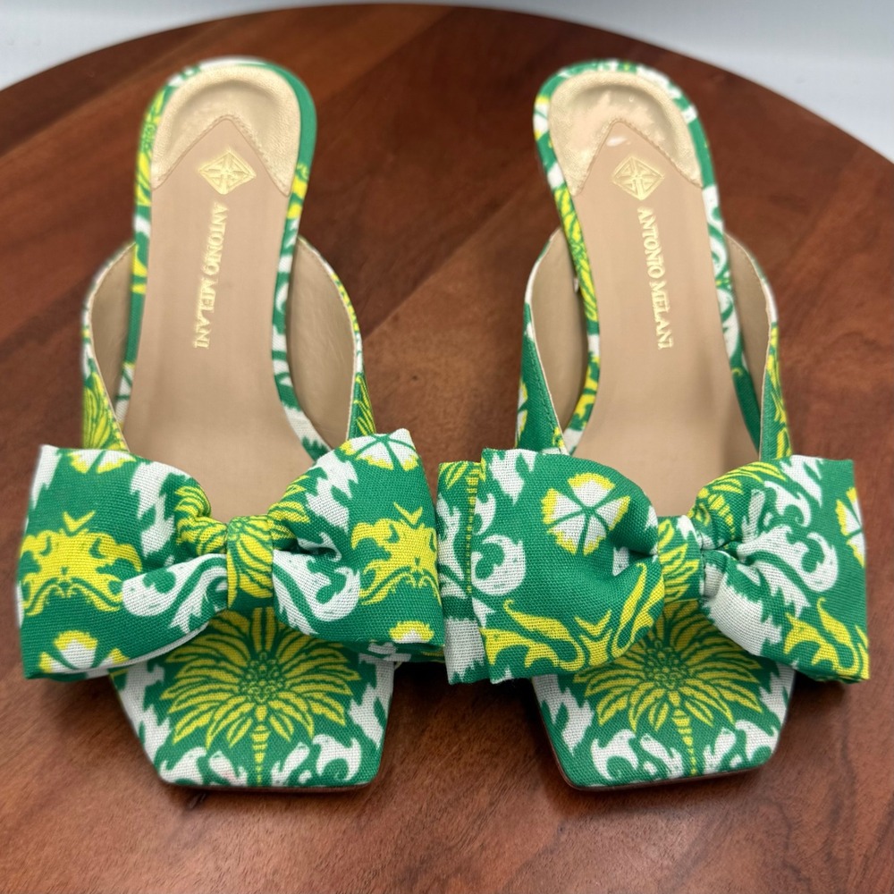 Antonio Melani Alora Royal Palm Bow Slide Sandals Kitten Heel Mule Womens 6.5